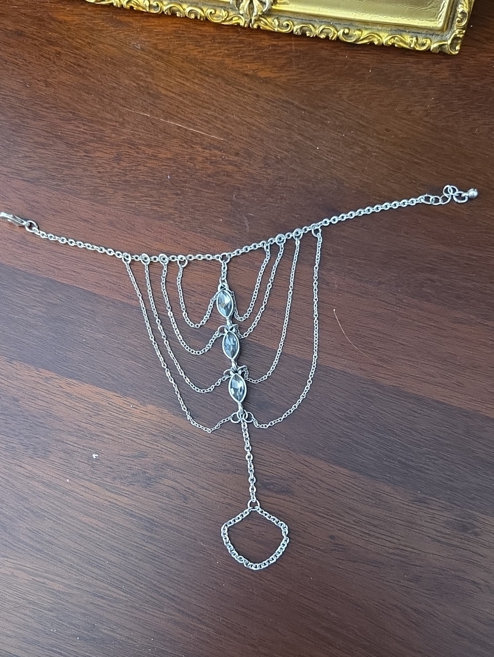 Silvertone Multi-Chain Hand Harness Bracelet with Smokey Marquise Accents